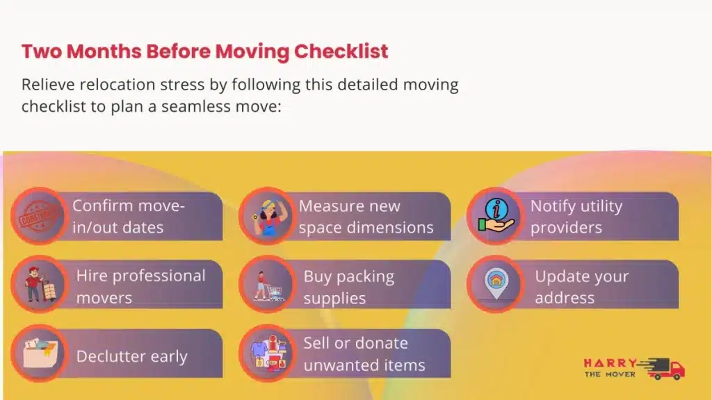 Mastering the art of downsizing: How to leave an apartment without aggravation 2 Harry The Mover's 8-step moving checklist showing essential tasks like confirming dates, hiring movers, and decluttering for Australian relocations.
